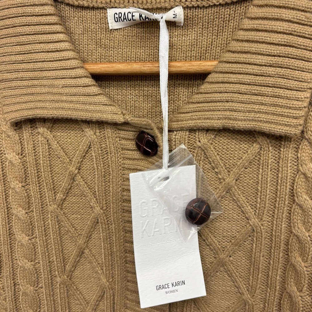NWT collared cable knit tan cardigan, medium - Picture 6 of 8
